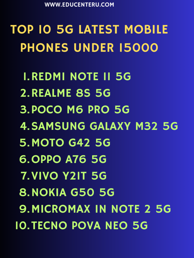 Top 10 5G Latest Mobile Phones under 15000
Redmi Note 11 5G
Realme 8s 5G
Poco M6 Pro 5G
Samsung Galaxy M32 5G
Moto G42 5G
Oppo A76 5G
Vivo Y21T 5G
Nokia G50 5G
Micromax In Note 2 5G
Tecno Pova Neo 5G